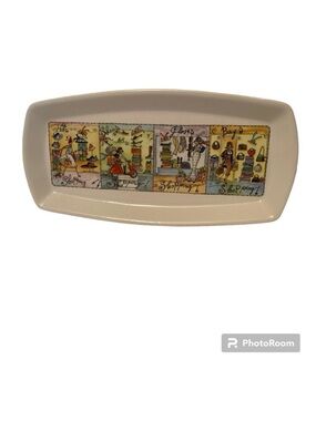 BRUNELLI TRAY SERVEWARE ITALY RETIRED WHITE PORCELAIN SHOPPING SCENES RECTANGLE